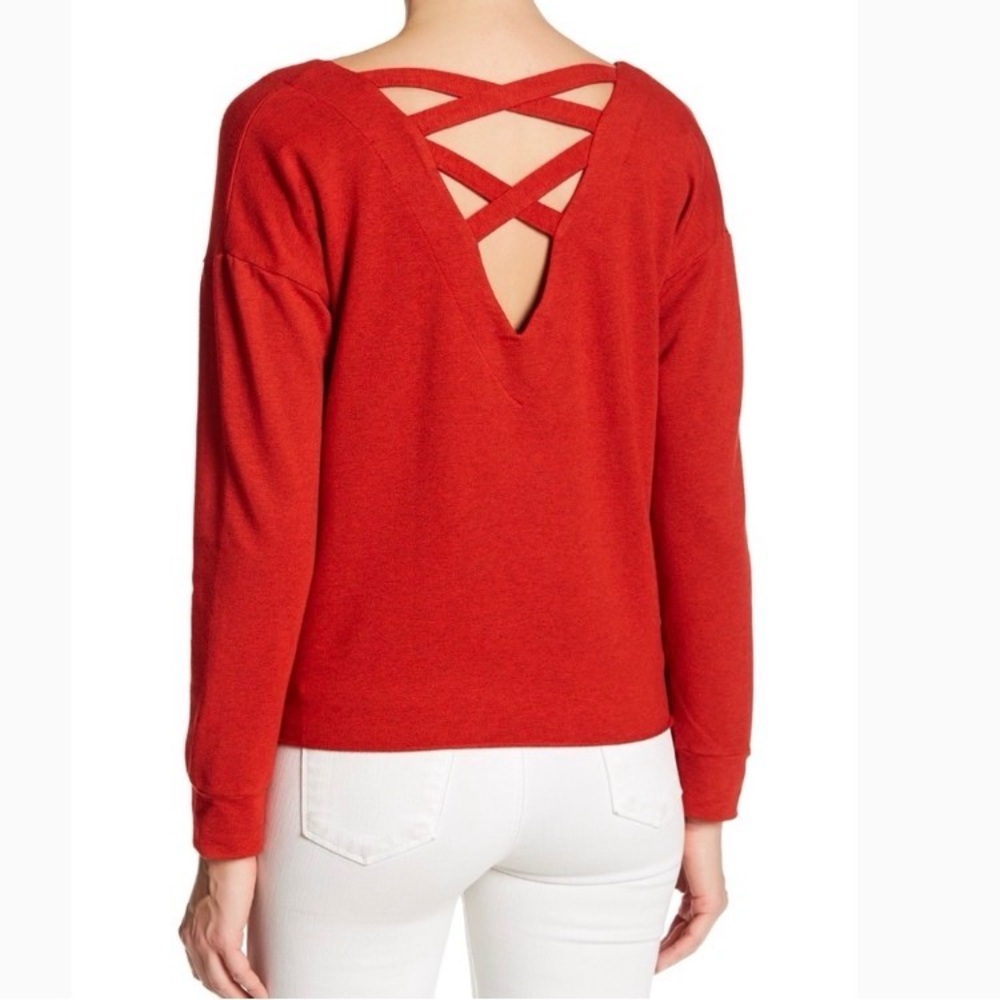 Anthropologie Splendid Varsity Red Criss Cross Back LS Boatneck Top Sz S NWT